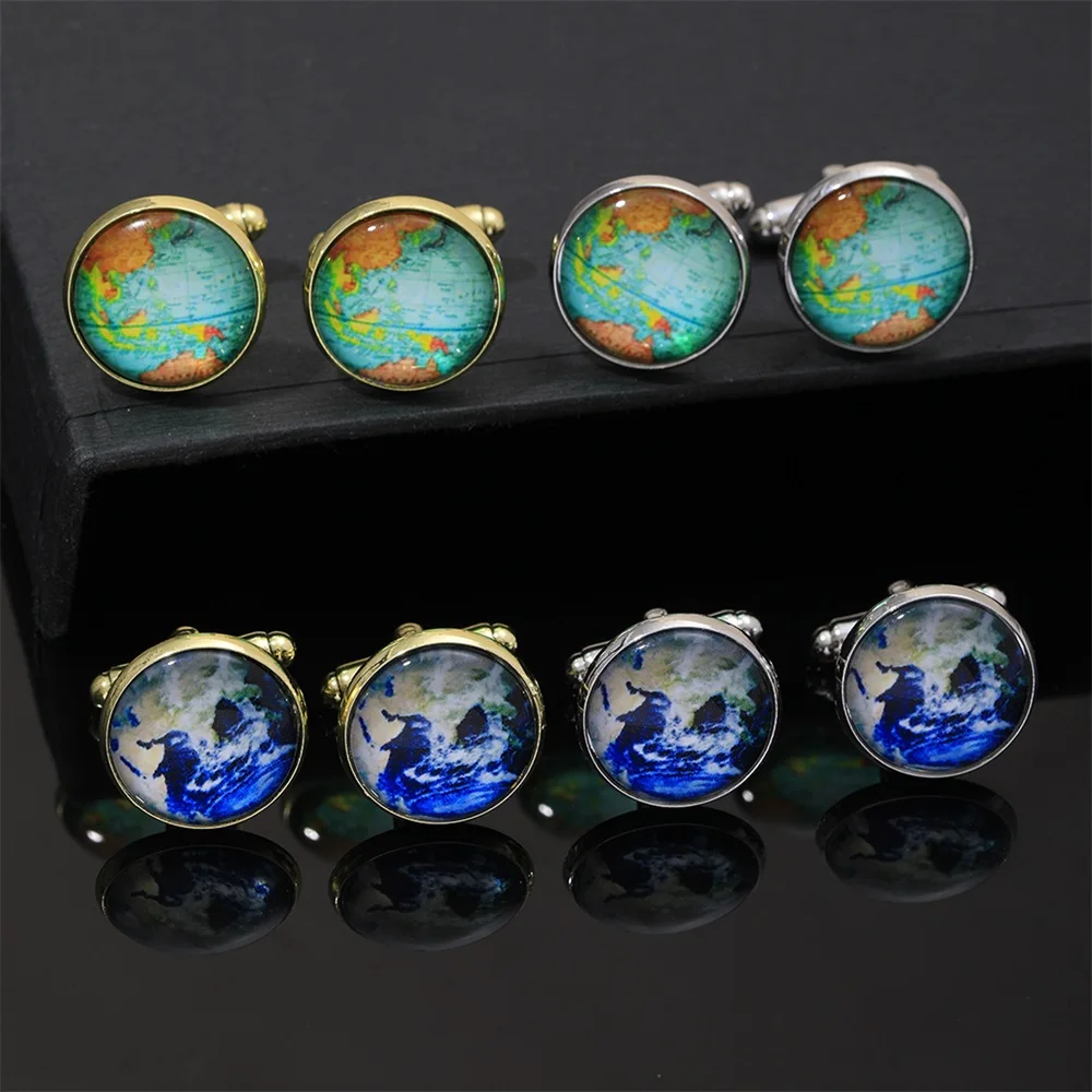 Classic Glass Cabochon World Map Picture Mens Cufflinks Business Wedding Formal Weather Map Pattern Round Sleeve Button
