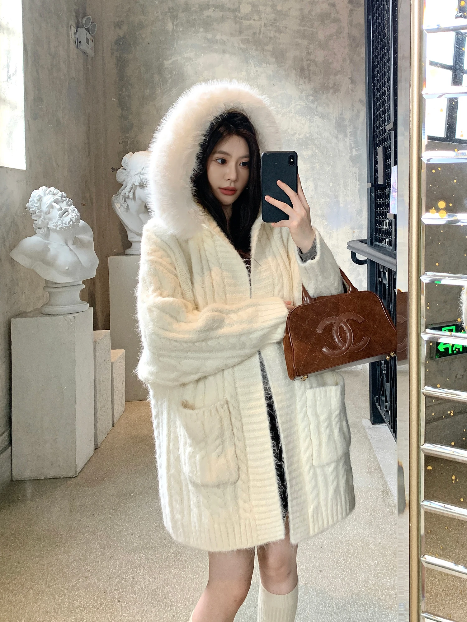 

ay Hooded Woolen Knitted Sweater Jaet Lazy Loose Slimming Fur Imitation Knitted Top Withmxboom Women's Faion