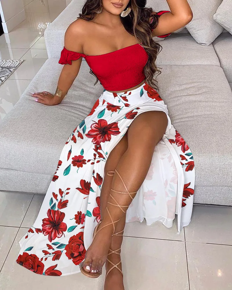 

2-Piece Boho Chic Ensemble Off-Shoulder Smocked Tube Top&Floral High-Waist Split Maxi Skirt Summer Women Casual Wear Dress Sets