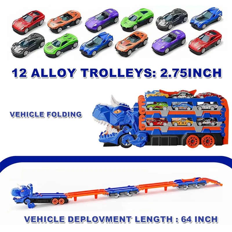 ألعاب شاحنات قابلة للطي على شكل ديناصور مطورة للأطفال من سن 3 إلى 8 سنوات تتضمن 12 قاذفة سيارات صغيرة وهدايا لعب داخلية للأولاد والبنات