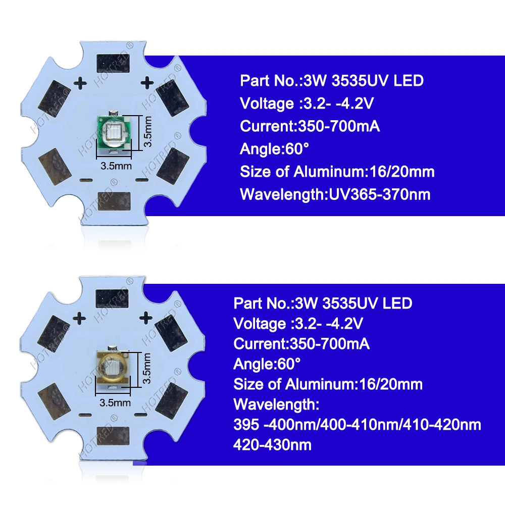 1-10pcs 3W 3535 UV Purple High Power LED Lamp Chip 365nm 385nm 395nm 400nm 410nm 420nm 430nm Beads Ultra Violet Light With PCB