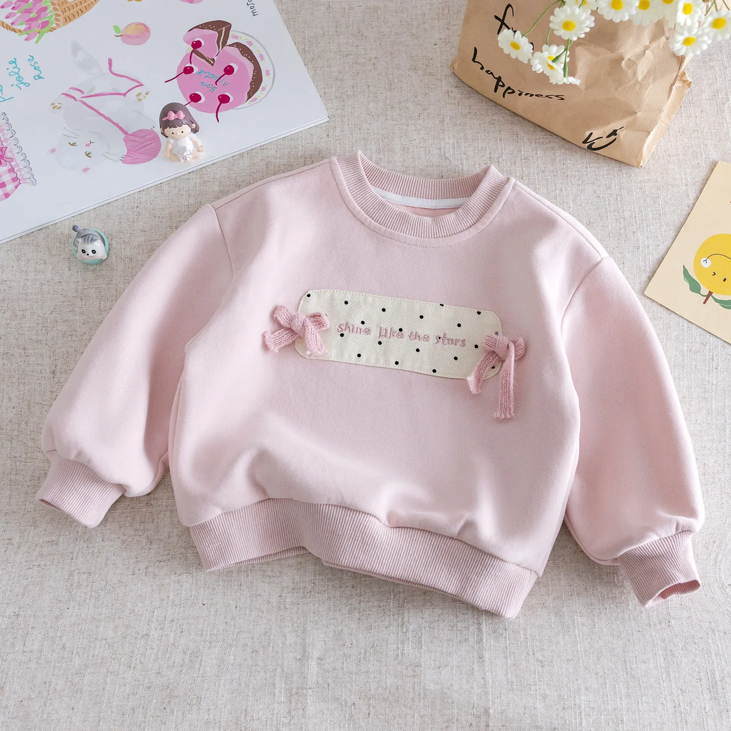 

Kids Girls 2pcs Pants Sets Patchwork Bows Long Sleeve Pullover Pink Hoodies+Elastic Waist Black Dots Wide Leg Pants 1-6Y Suits