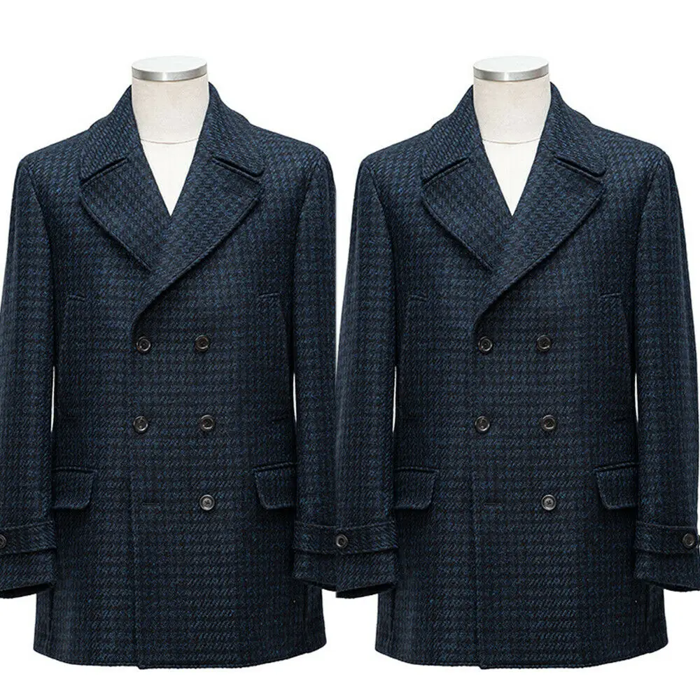 

Men Long Coat Houndstooth Plaid Double Breasted Tailor-Made Woolen Blend Winter Warm Overcoat Tailored Blazer Men Suits