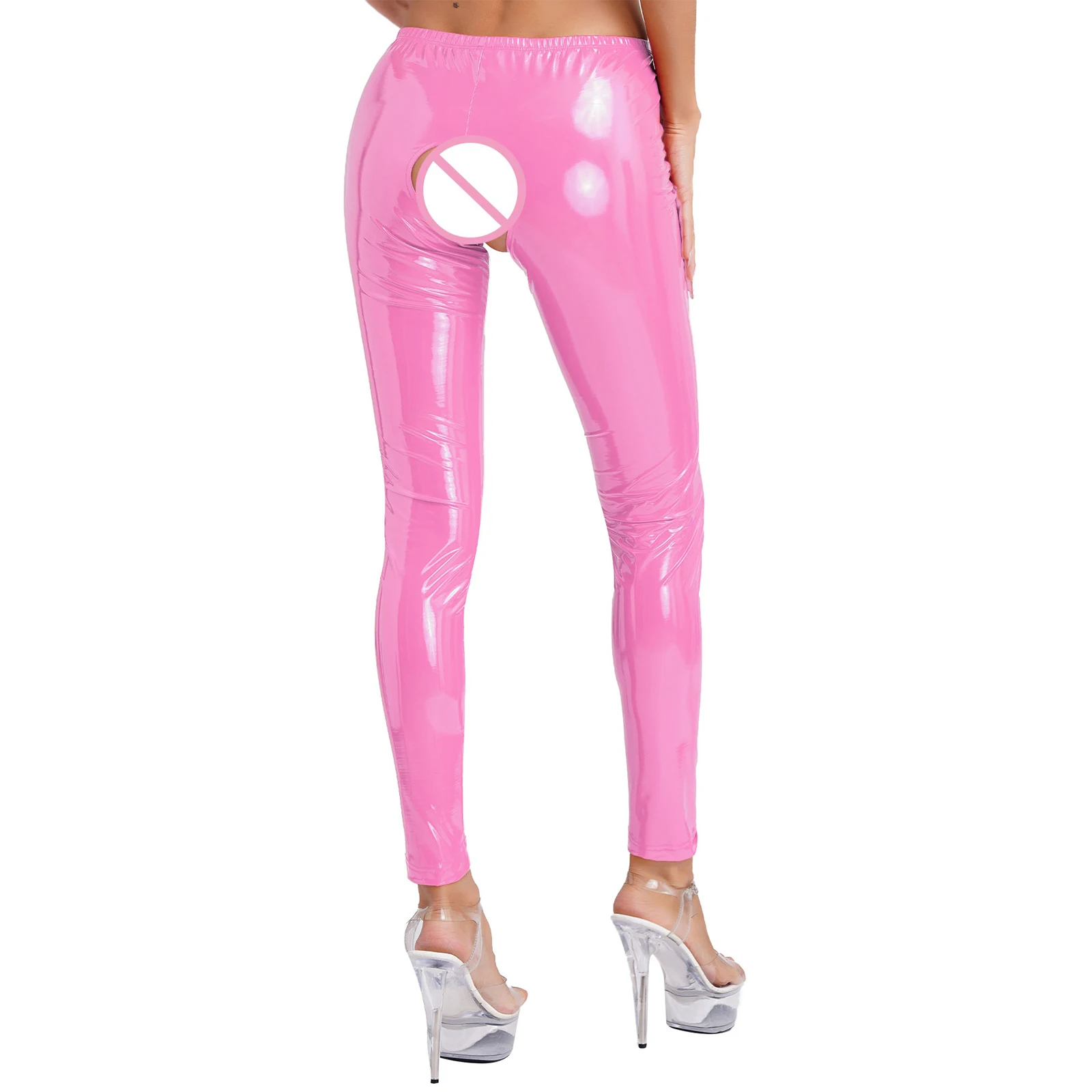 Womens Wet Look PVC Leather Open Crotch Butt Leggings High Waisted Crotchless Tights Exotic Pants Sexy Stretchy Tousers Clubwear
