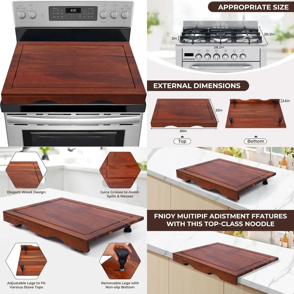 

Acacia Wood Stovetop Cover - 30 x 22 Electric/Gas Stove - Raised Cutting Board with Legs & Juice Groove