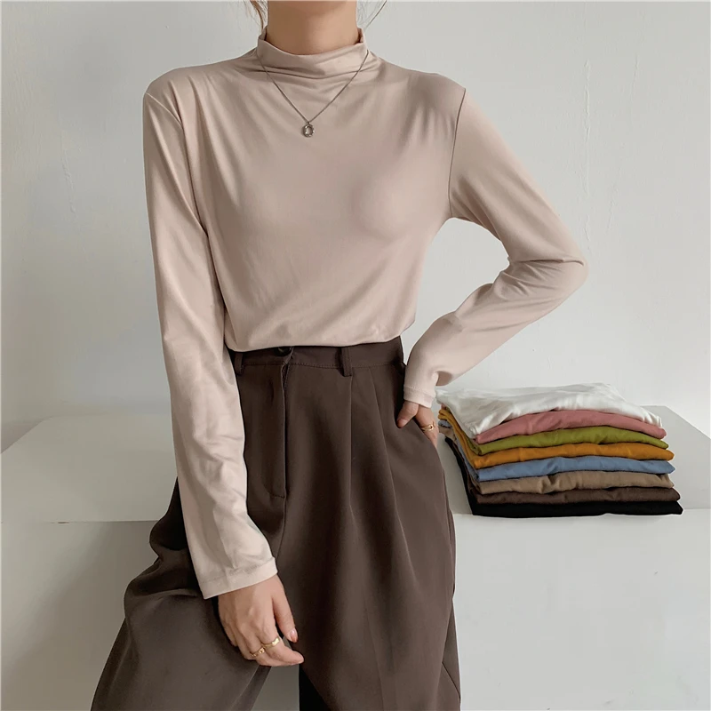 Women Spring Tops T-shirt Long Sleeve Turtleneck Warm Bottoming Shirt Autumn Winter Inner Wear Slim Korean Fashion Tshirts