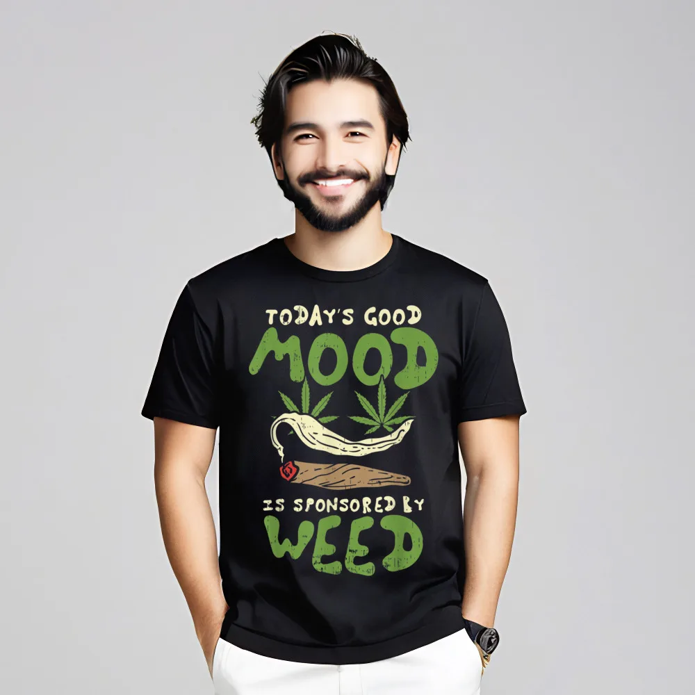 VintageNormal Short Sleeve Tops & Tees Autumn Loose Crewneck 100% Cotton T-shirts Youth T Shirts Todays Good Mood Weed Funny