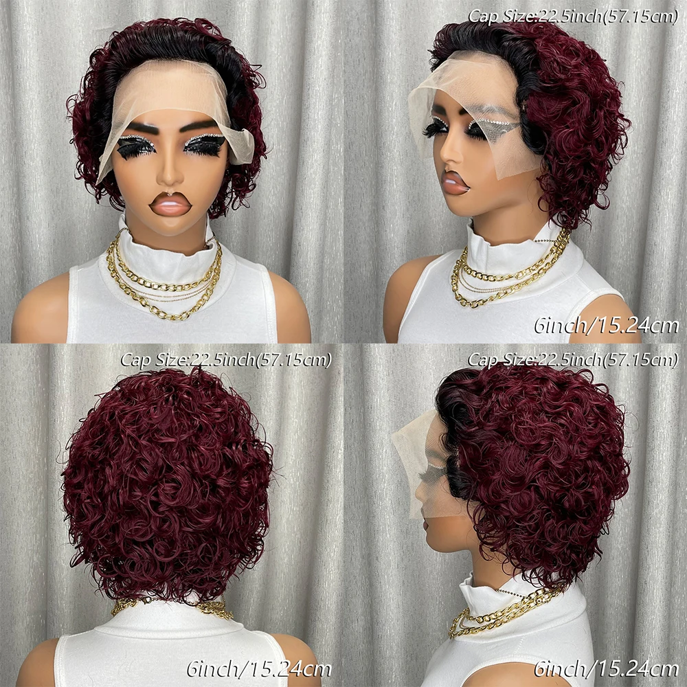 옴브레 버건디 13x4 레이스 프론트 인모 가발 짧은 곱슬 픽시컷 가발 글루리스 프리 플러킹 브라질리언 레미 헤어 (흑인 여성용)