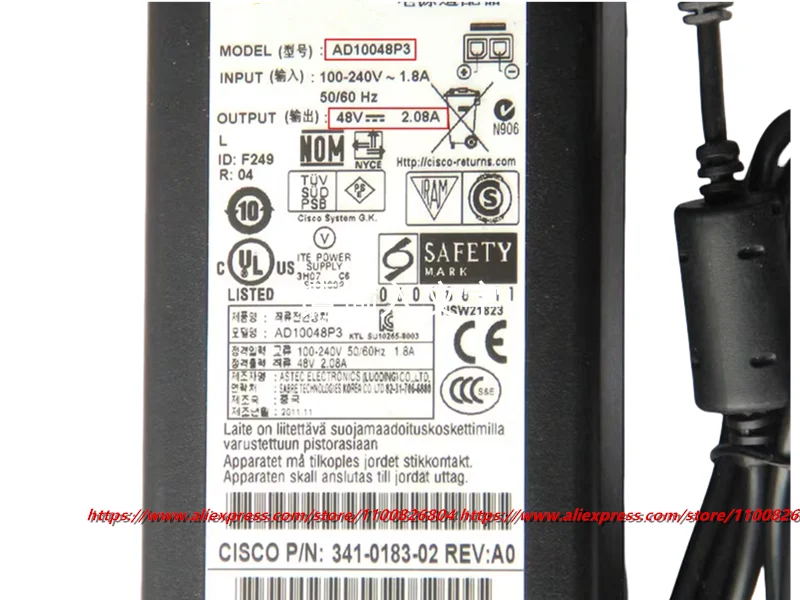 Used Genuine AD10048P3 48V 2.08A AC Adapter Charger For CISCO ASA5505 Wlc2106 Wlc2112 Firewall Power Supply ​341-0183-PWR-5505