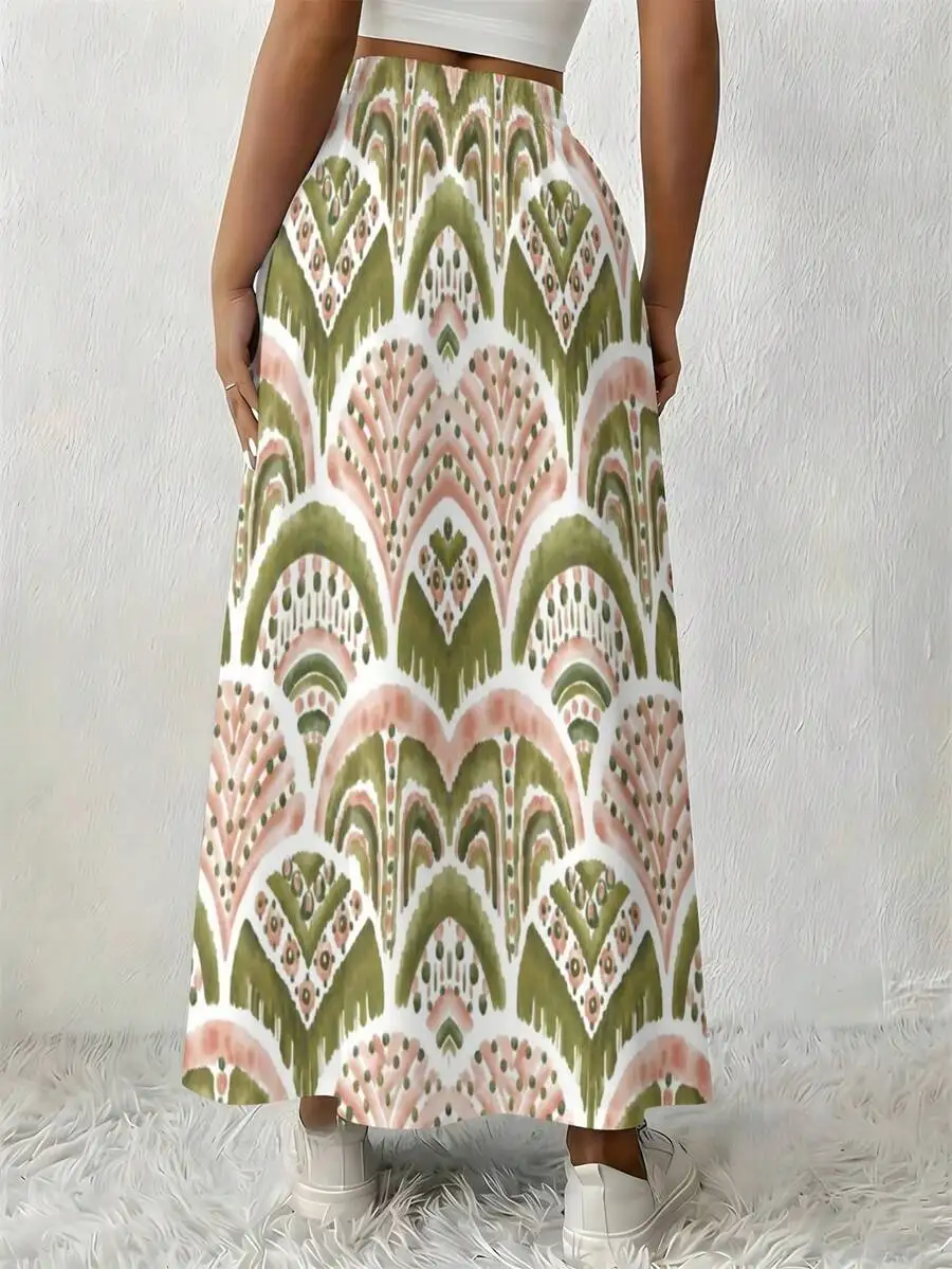 

Artistic Fan Print Flowy Maxi Skirt For Women Summer Vacation Dating