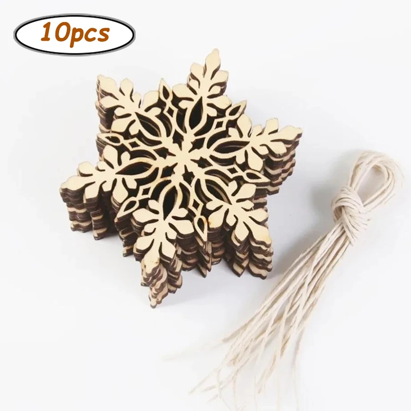 10 Stück/Packung unvollendete hölzerne Schneeflocken-Ornamente, Schneeflocken, hängende Ausschnitte, leere Holzscheiben mit Kordel, Basteln für den Weihnachtsbaum