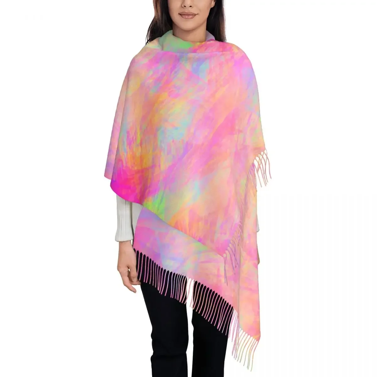 Multi Neon Paint Scarf with Tassel Tie Dye Print Warm Soft Shawls Wrpas Lady Design Head Scarves Autumn y2k Funny Bufanda