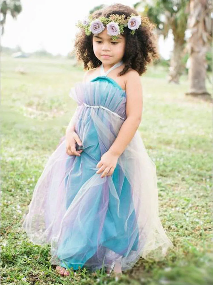 Vestidos de princesa sin mangas para niños pequeños, vestido Halter de primera comunión, tul blanco púrpura, vestido de fiesta de desfile