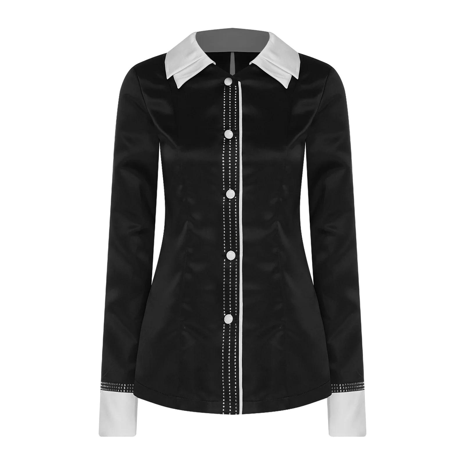 Women Clergy Priest Shirt Top Worship Costume Contrast Color Lapel Long Sleeve Button-down Blouse Top Coat for Halloween Cosplay