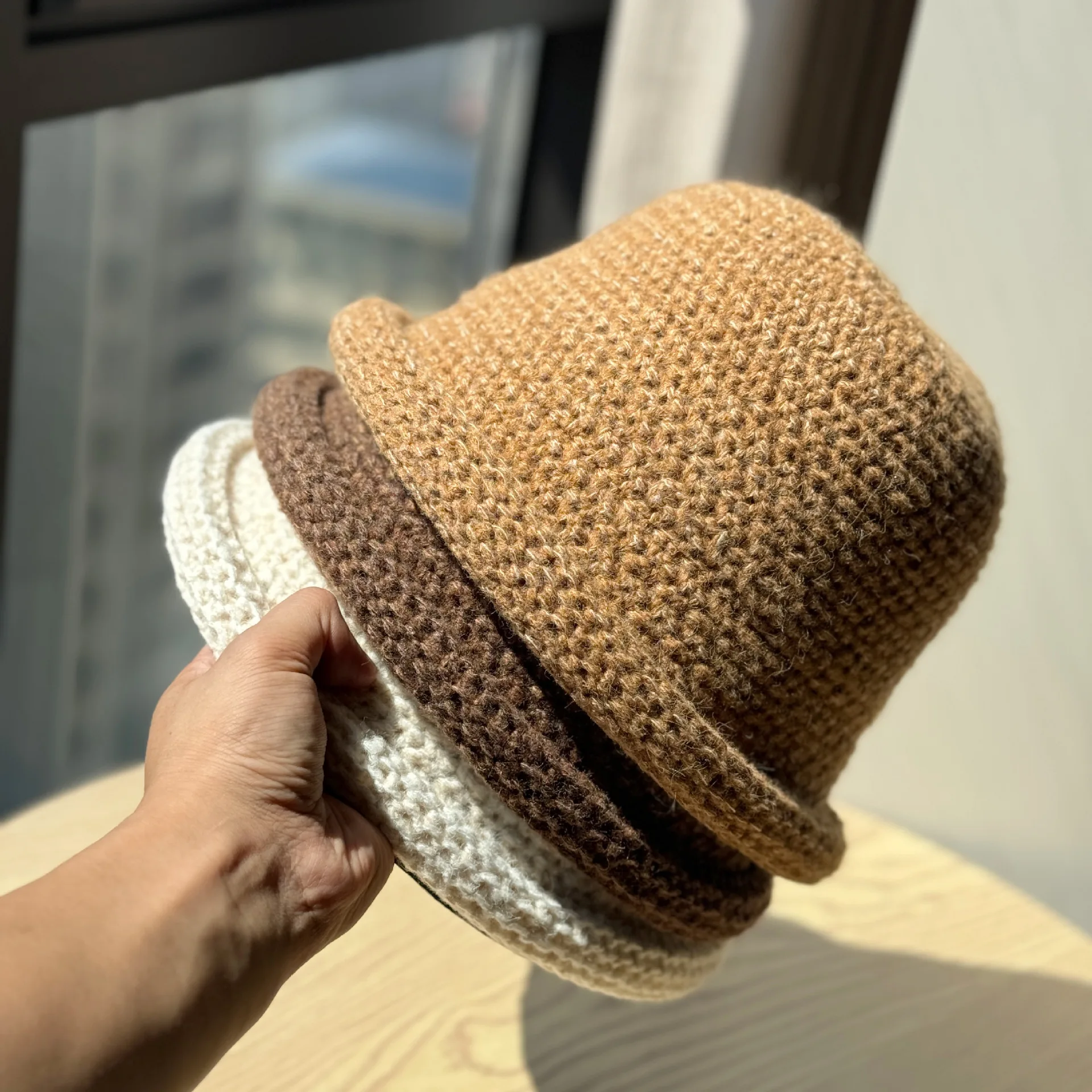 2025 Huanjie Autumn/Winter Wool Blend Warm Fisherman's Hat Women's Knitted Bucket Hat Versatile Solid-Colour Knitted Beanie