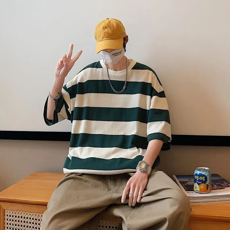 New Loose Contrast Color Short Sleeve Main Striped T-shirts Summer Oversized T-Shirt Japan Hip Hop Loose Half Sleeve T Shirts