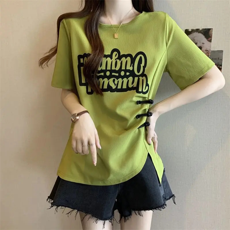 Women Summer Simplicity Loose Fashion Buttons O-neck Short Sleeve T-Shirt Women Clothes Casual All-match Appear Thin Trend Tops