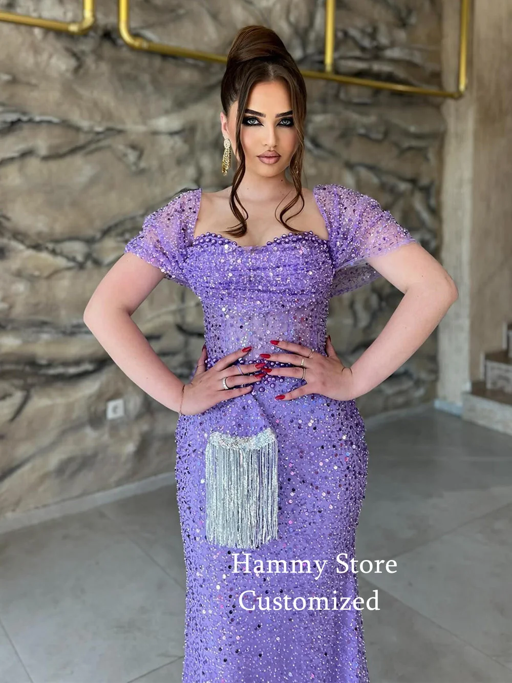 Lilac Evening Dress Saud Arabian Customized Off The Shoulder Sweetheart Pearls Sequined Mermaid Party Gown Sequined Prom Dresses