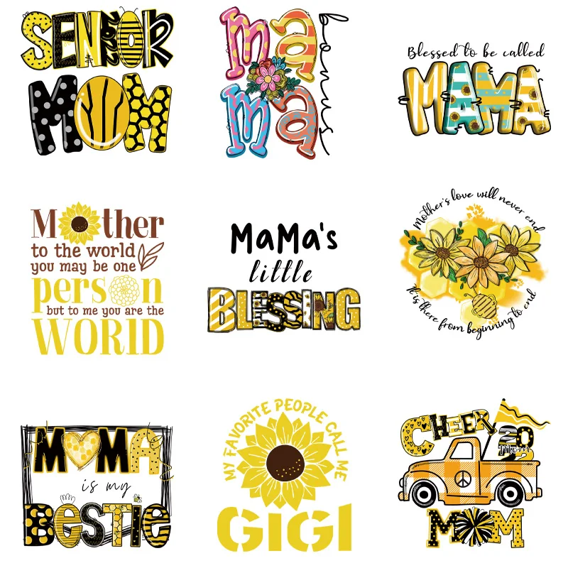 

9piece Mom's exquisite cartoon printed letters Transfer Sticker On Clothes DIY Iron On Patches Applique Decor Backpack jeans