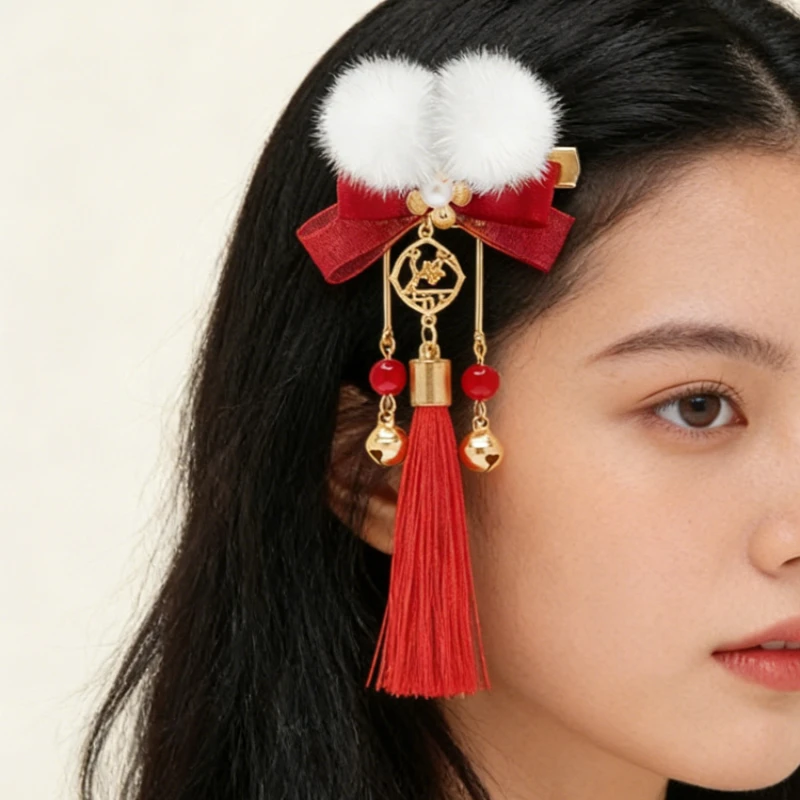 

New Year Red Tassel Hair Clips Kids Furry Pom Pom Ancient Style Headdress Festive Chinese New Year Costume Hair Accessories Gift