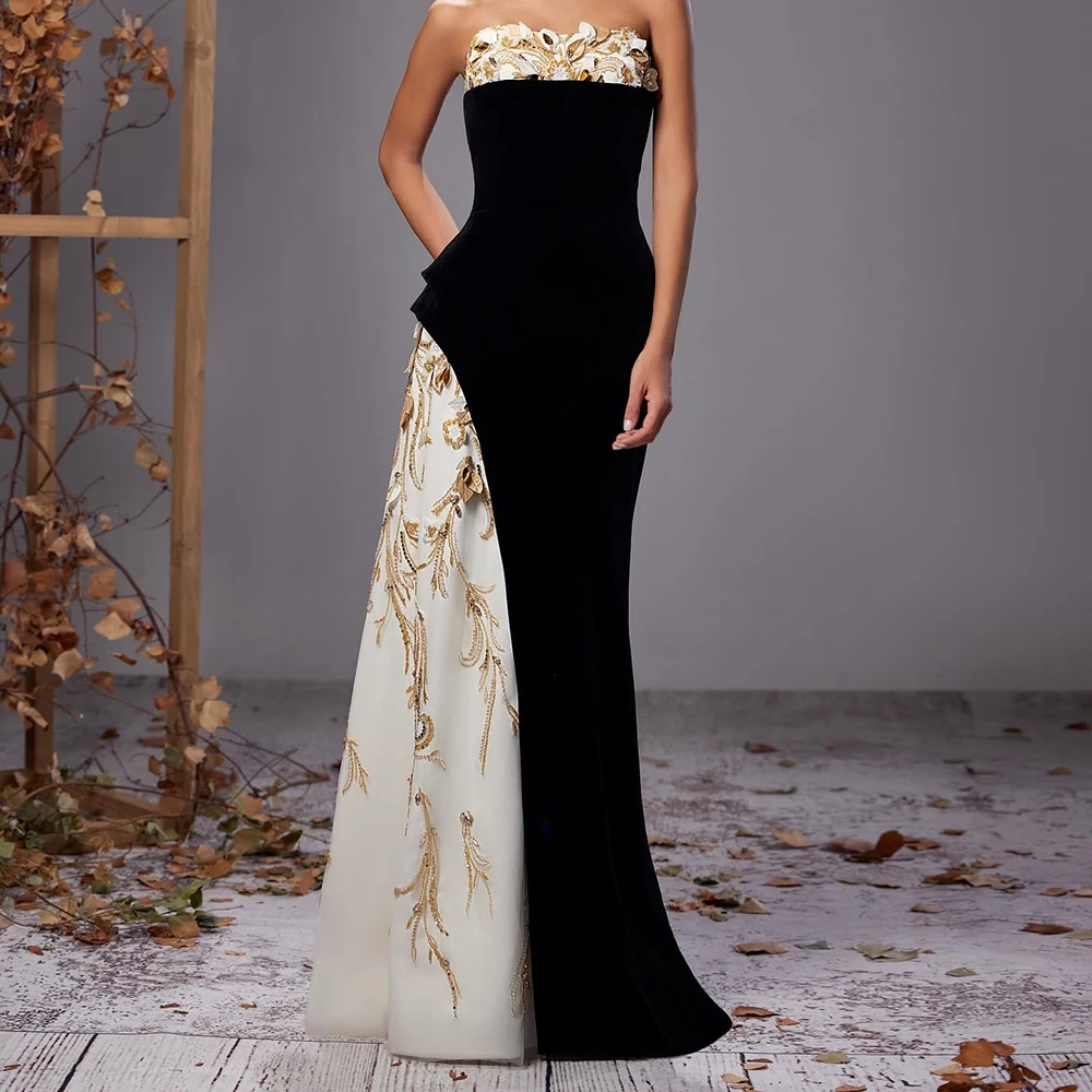 

Customized A-line Evening Dresses Floor-length Strapless Sleeveless Prom Gown Fashion Flowers Simple Draped Backless Party Gown