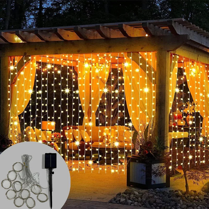 

Solar Curtain Light 8 Lighting Modes Hanging Lighting Christmas LED String Lights Decor Outdoor Pavilion Wedding Garden Holiday