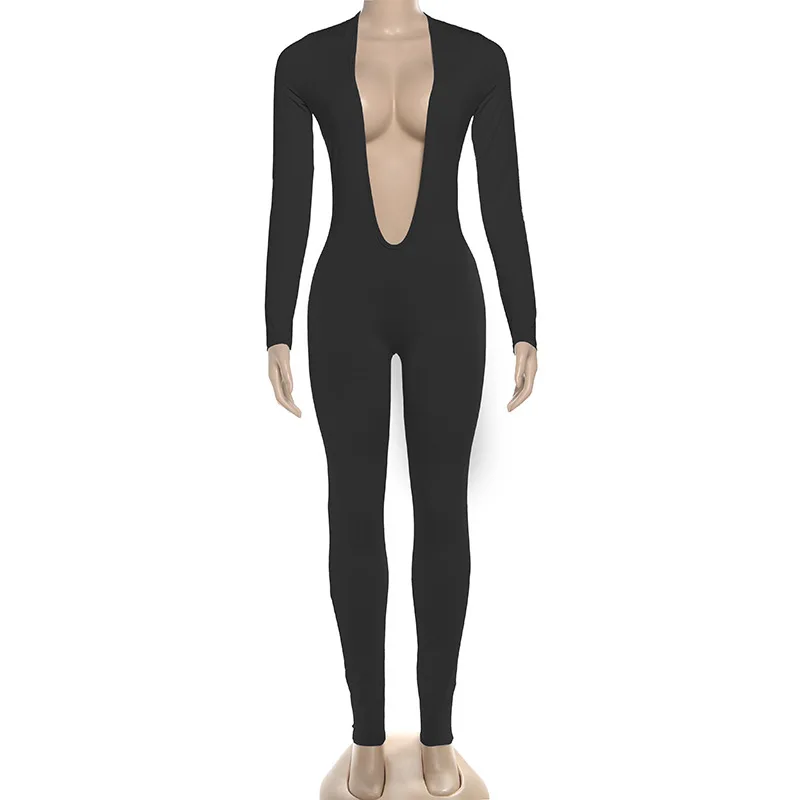 2025 가을 여성 슬림 피트니스 점프수트 섹시한 딥 V넥 긴팔 백리스 슬림 나이트 클럽웨어 오버올 캐주얼 스트리트웨어