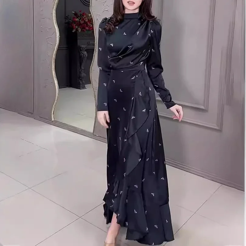 

Women Long Dress Party Print Slim Dresses Round Neck Long Sleeve Maxi Casual Elegant Splice Black High Waist Vestidos 2024