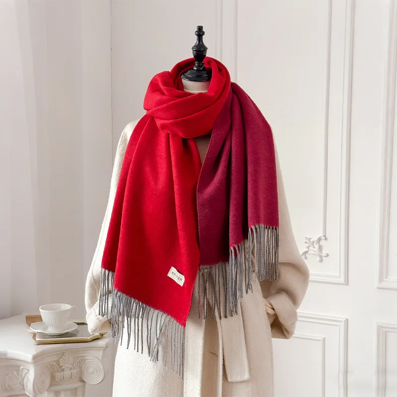 

New imitation cashmere scarf, winter Korean-style versatile bright red annual party neck warmer, solid color double-sided fringe