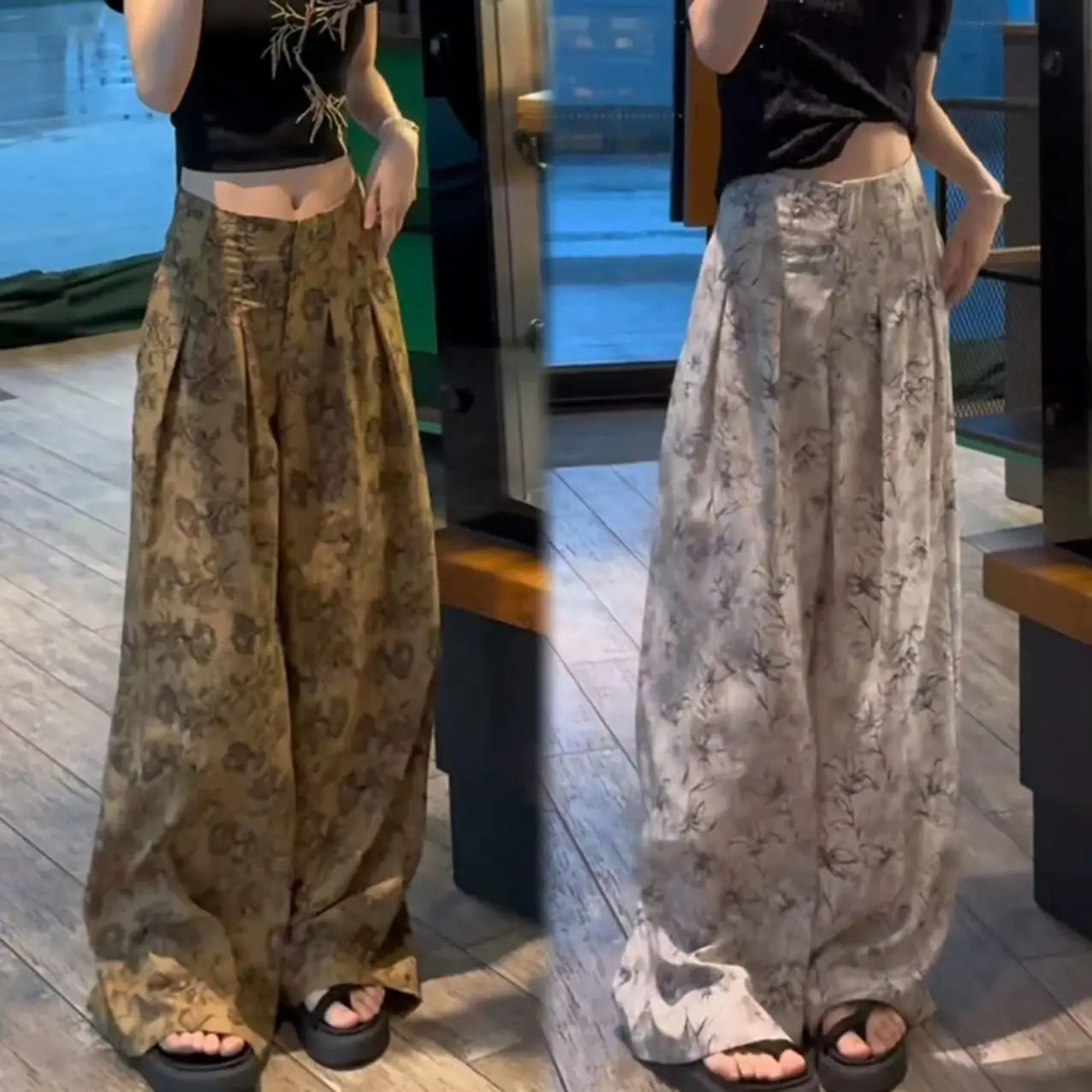 

New Chinese style draping ink wash wide leg pants 2024 summer slim and versatile high waisted floor mop pants lazy casual pants