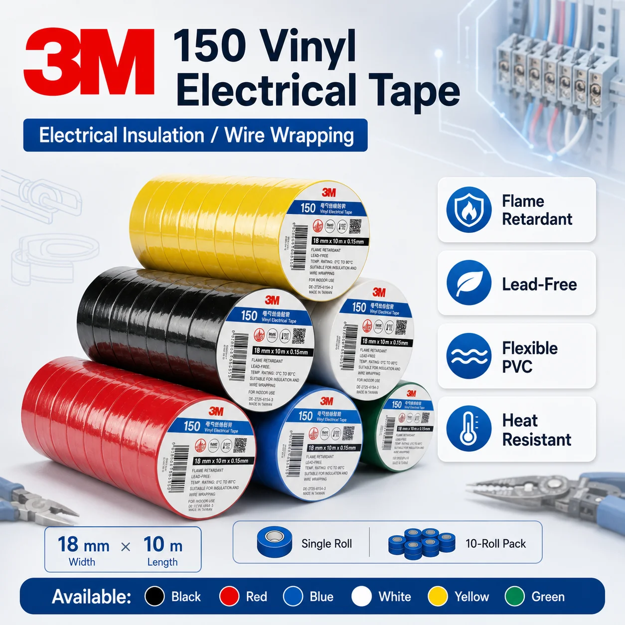 3M 150 PVC-Vinyl-Isolierband, flammhemmend, bleifrei, Isolierband für Kabelreparatur, Drähte, Kabel, 6 Farben, 18 mm x 10 m