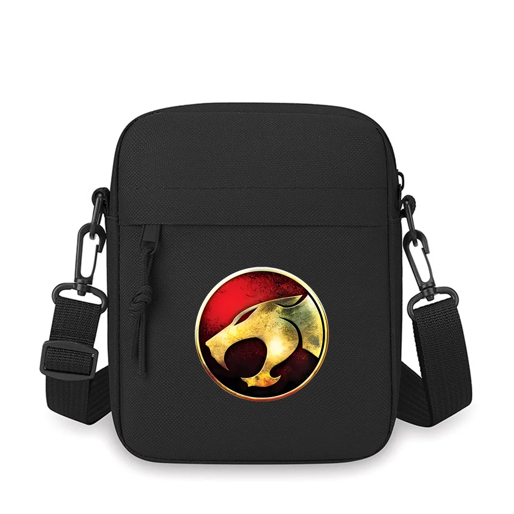 

Golden feline emblem red background circle Men Crossbody Bag Single Shoulder Women Cartoon Anime Film Printing Design Unisex