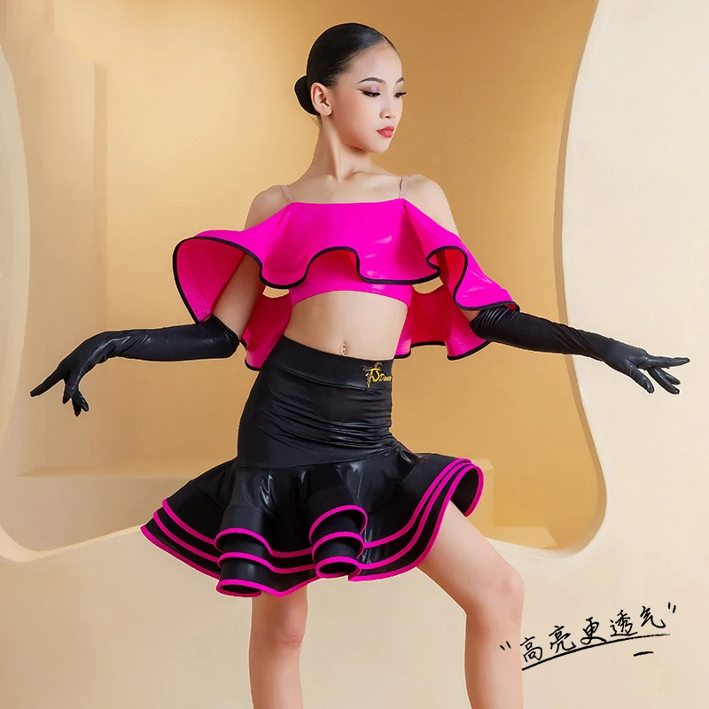 High-End Bright Rose Red Tops Split Skirts Latin Dance Practice Outfits Chacha Rumba Tango Dress Kids Latin Stage Wear  DN18932