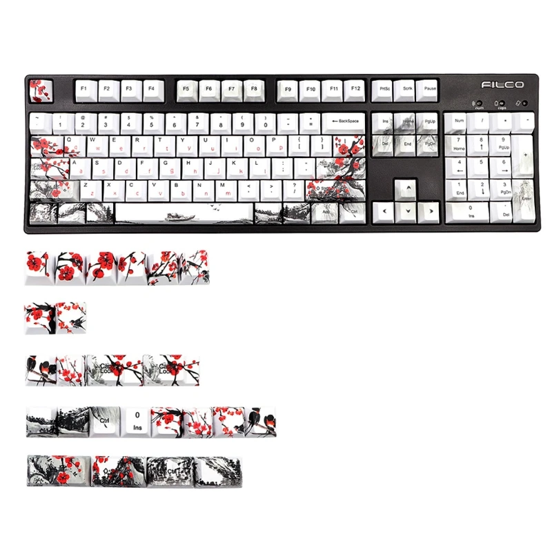 

F3KE PBT Cherry Profile Keycap 128 Keys Dye Sublimation Keycaps for Mechanical Keyboard Botanical Plum Blossom Theme