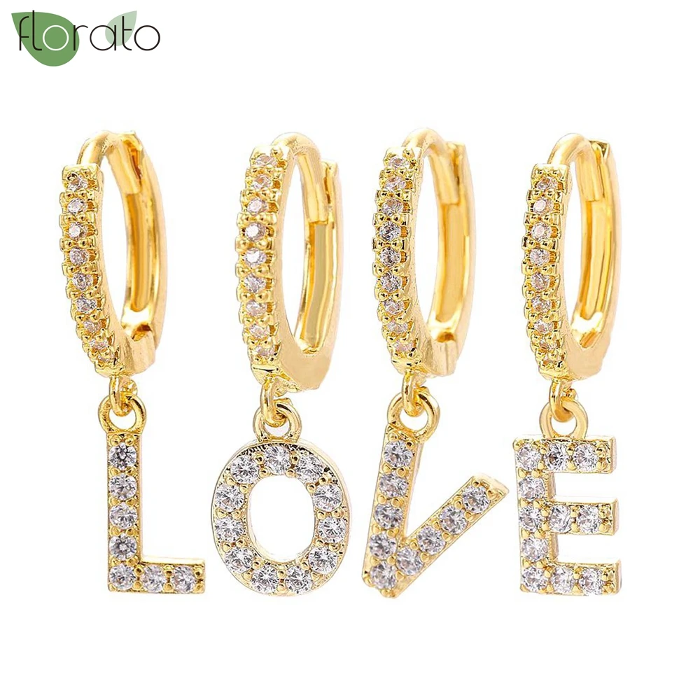 925 Sterling Silver Needle Sparkling Zircon English Letter Pendant Earrings Fashion Small Hoop Earrings for Women Fine Jewelry