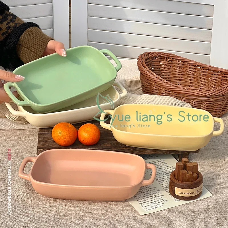 Cream Colored Baking Tray, Ceramic Simple Rectangular Plate, Household Oven Specific Baking Plate, Bowl and Tableware