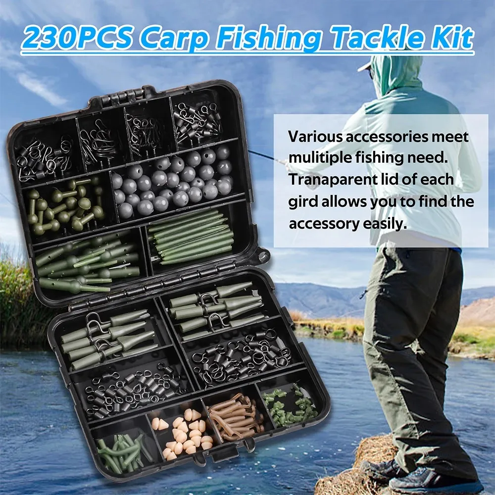 230Pcs Carp Fishing Tackle Kit Carp Fishing Rigs Carp Swivel Snaps Helicopter Rigs Leader Clips Rubber Sleeves Accessories