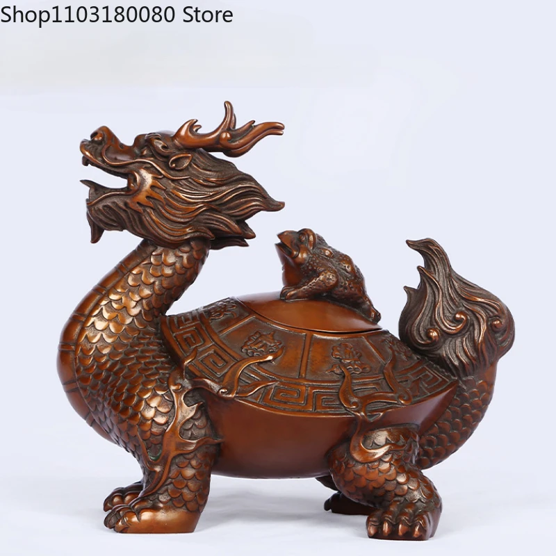 17cm Red copper carving Dragon Turtle Statue Chinese Eight treasure dragon turtle Feng Shui Decor sculpture Lucky gift