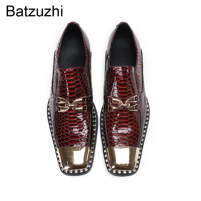 

Мужские кожаные туфли Batzuzhi, винно-красные, без застежек, для официальных мероприятий, деловых встреч, вечеринок и свадеб, с низким каблуком.
