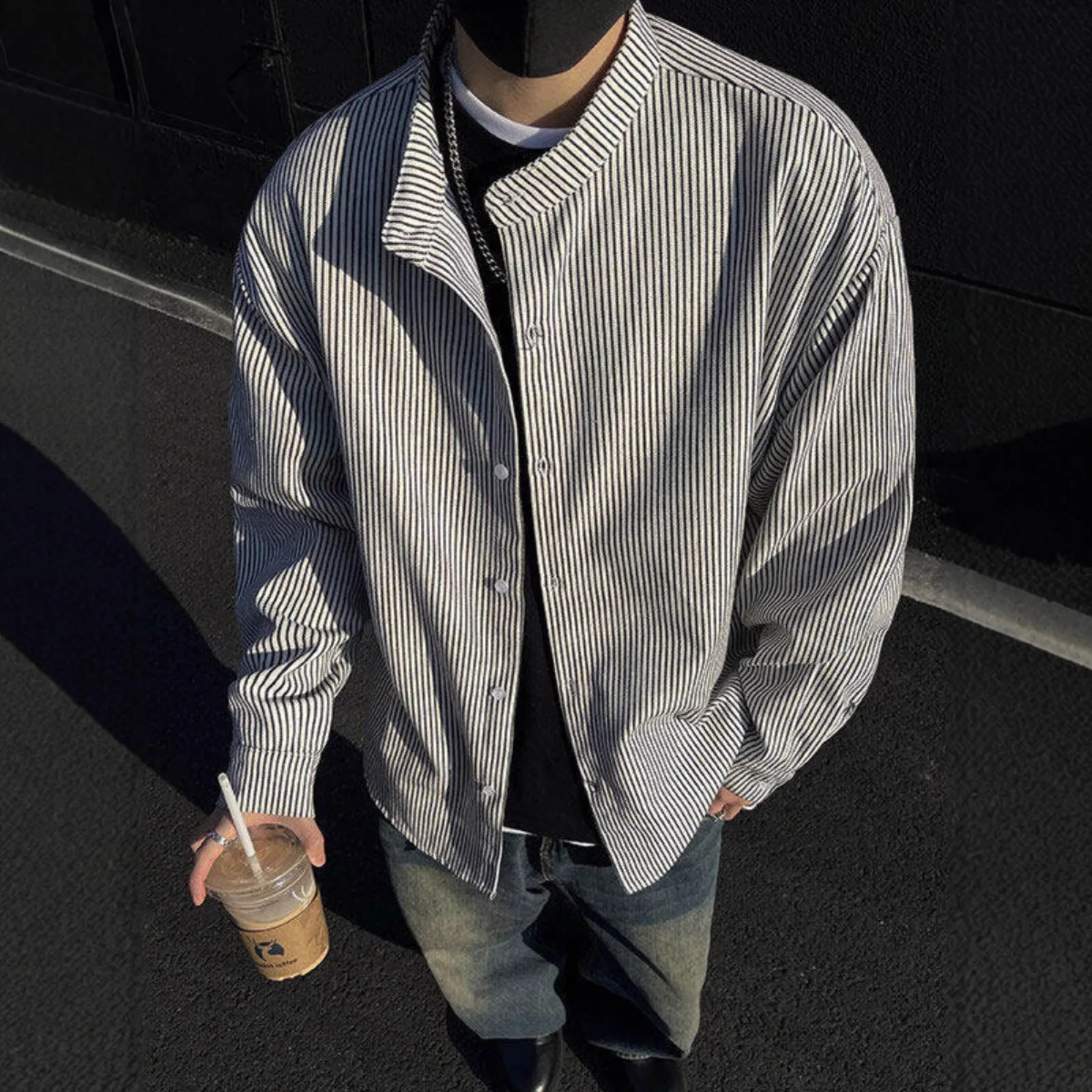 Vintage Black and White Striped Stand-up Collar Shirt Men's 2026 Spring and Summer College Style Long-sleeved Shirt Jacket
