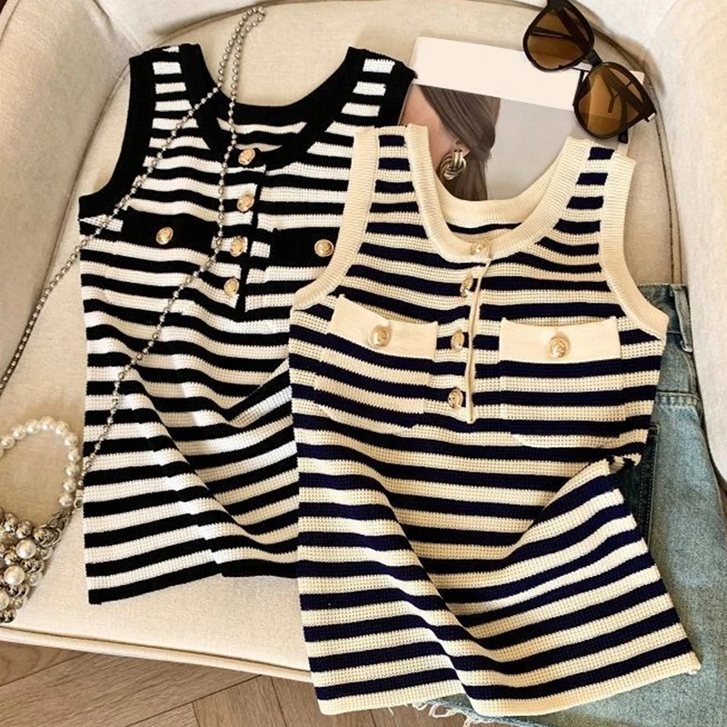 Moda listrada casual em torno do pescoço fino ajuste botão senhora doce outerwear colete para mulher