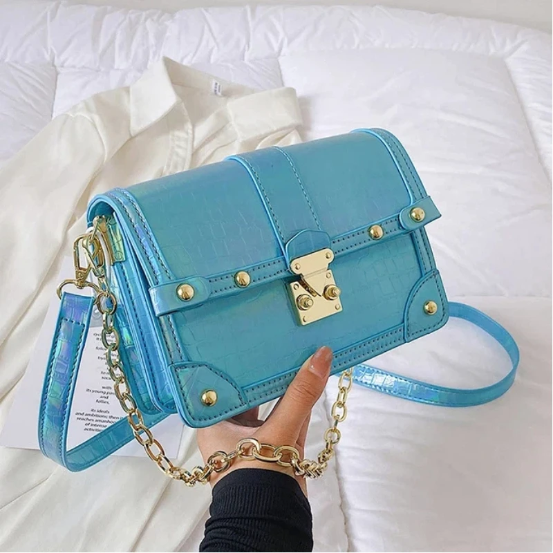 

Y2K Women's Handbag 2025 New Holographic Crocodile Mini Square Bag Lock Clasp Metal Chain Chic Fashion Shoulder Crossbody Bag