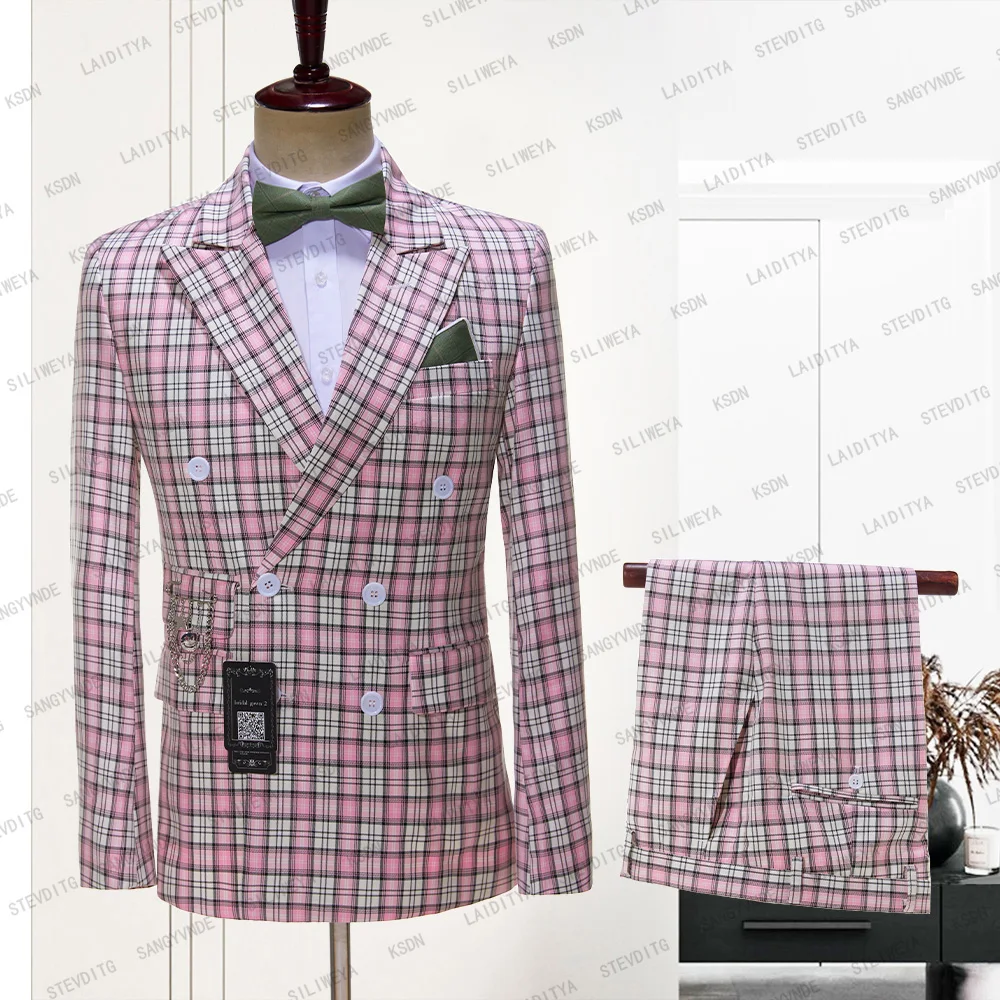 

Chic Pink Men Suits Fashion Slim Fit Plaid 2 Pc Peak Lapel Double Breasted Casual Male Suit Wedding Groom Best Man Blazer Pants