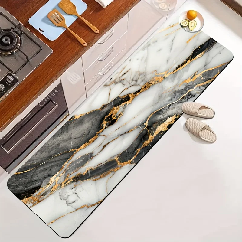 High-End Gold Vein Marble Diatomaceous Earth Kitchen Rug, Non-Slip Rubber Long Mat, Decor Mat for Bathroom, Hallway, Washroom