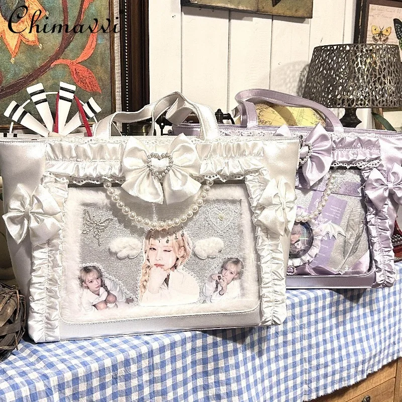 Japanese Style Sweet Satin Princess Pain Bag 2026 New Cute Bow Heavy Pearl Lace Tote Bag Kawaii Girl Women's Elegant Handbag