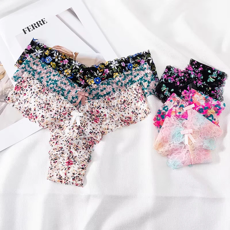 مثير زهرة سراويل النساء طباعة الدانتيل سيور ملخصات مريحة منخفضة الخصر T-الظهر الملابس الداخلية سلس Femlae الملابس الداخلية السروال #4