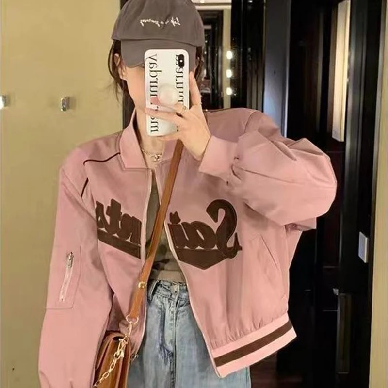 Gidyq Letter Embroidery Baseball Jacket Women Fashion All Match Cropped Outerwear Harajuku Zipper Female Streetwear Thin Coat