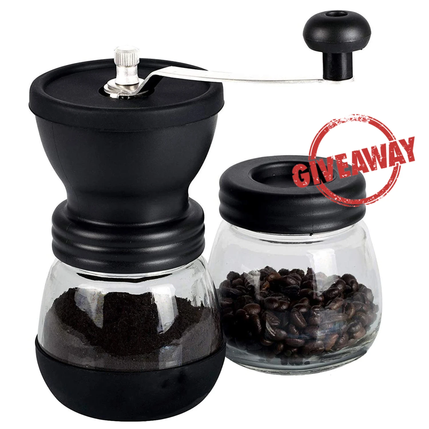 Manual Coffee  Set, Hand Coffee Mill With Conical Ceramic Burr Two Glass Jars, Black Manual Coffee Bean  & Spice