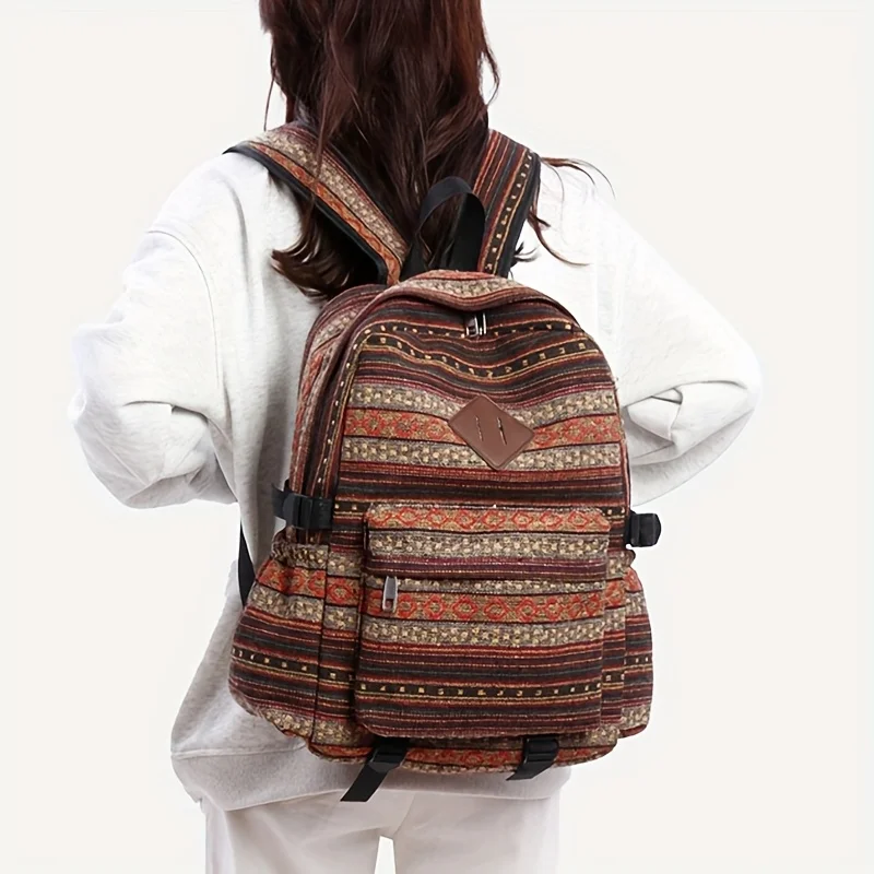 New large capacity student backpack with ethnic style, trendy, wear-resistant coarse fabric, striped backpack, casual backpack,