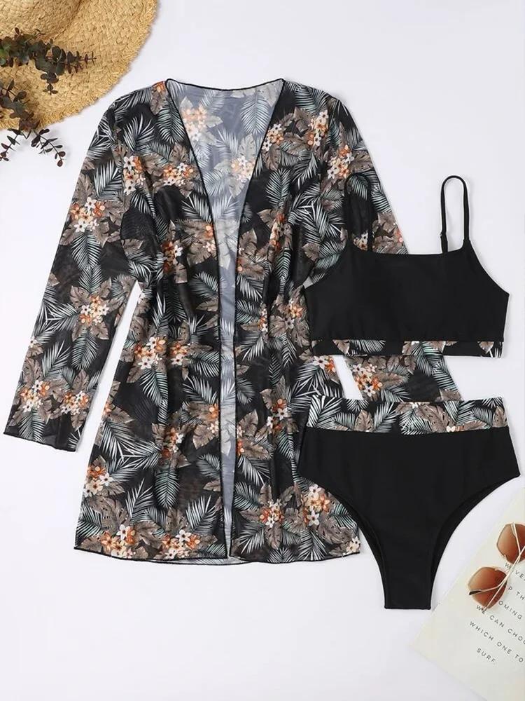 2024 Mode sexy Damen gedruckt tropische Blume Bikini Bade bekleidung Sets Frauen hohe Taille 3 Stück Sets Strand Badeanzüge Sommer